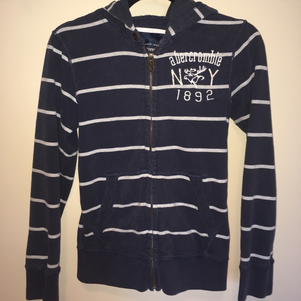 Abercrombie striped fill zip hoodie in navy/white